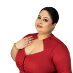 Maroon Diamond Neck Plus Size Saree Blouse with Elbow Sleeves - Anvi Couture