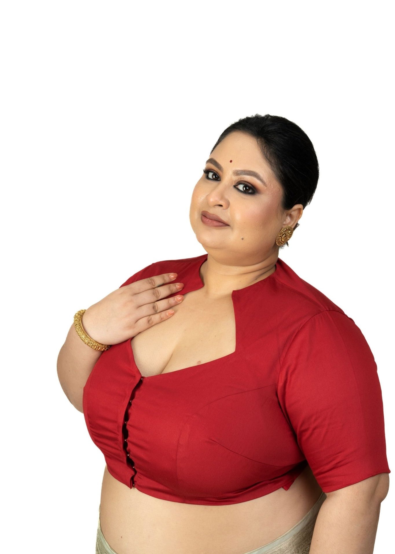 Maroon Diamond Neck Plus Size Saree Blouse with Elbow Sleeves - Anvi Couture