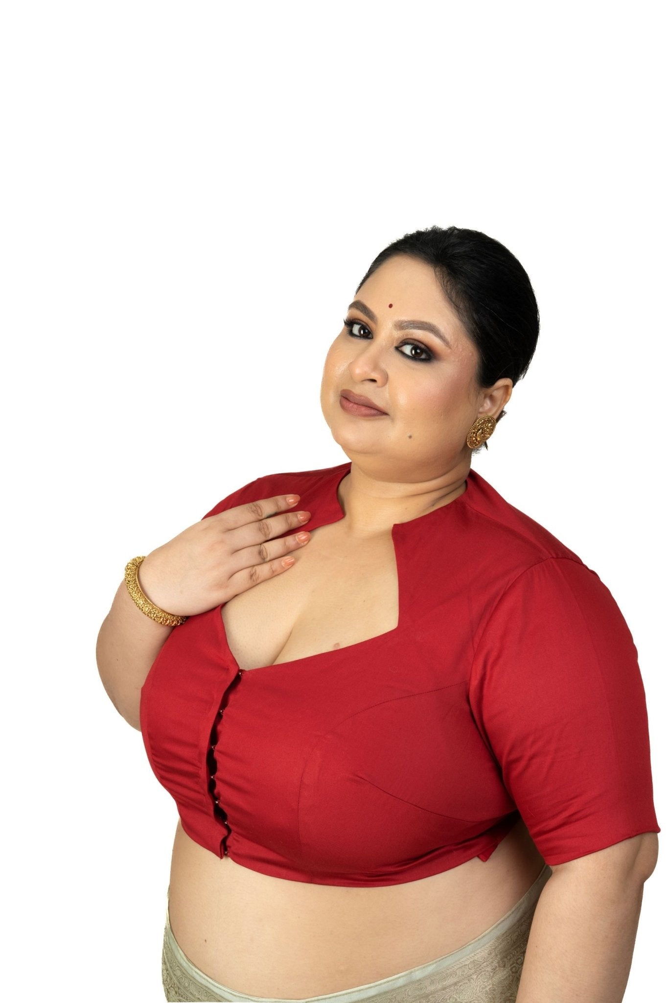 Maroon Diamond Neck Plus Size Saree Blouse with Elbow Sleeves - image 2
