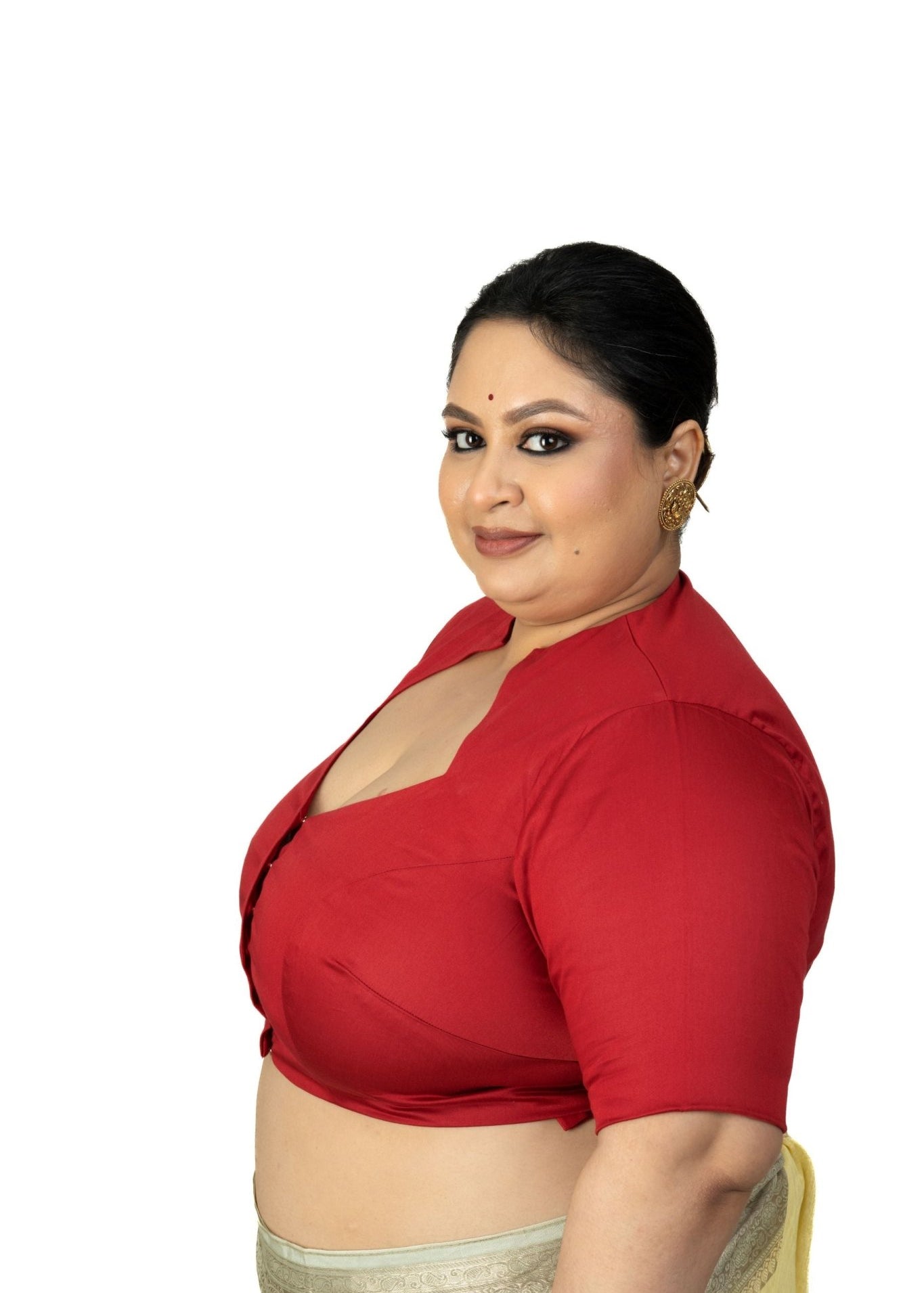 Maroon Diamond Neck Plus Size Saree Blouse with Elbow Sleeves - Anvi Couture
