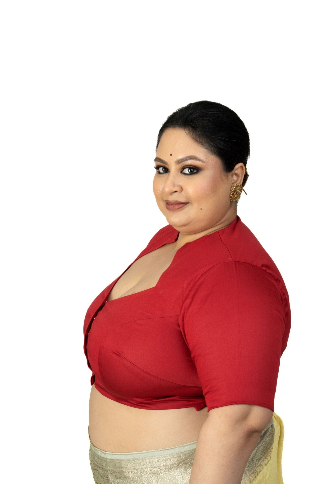 Maroon Diamond Neck Plus Size Saree Blouse with Elbow Sleeves - image 3