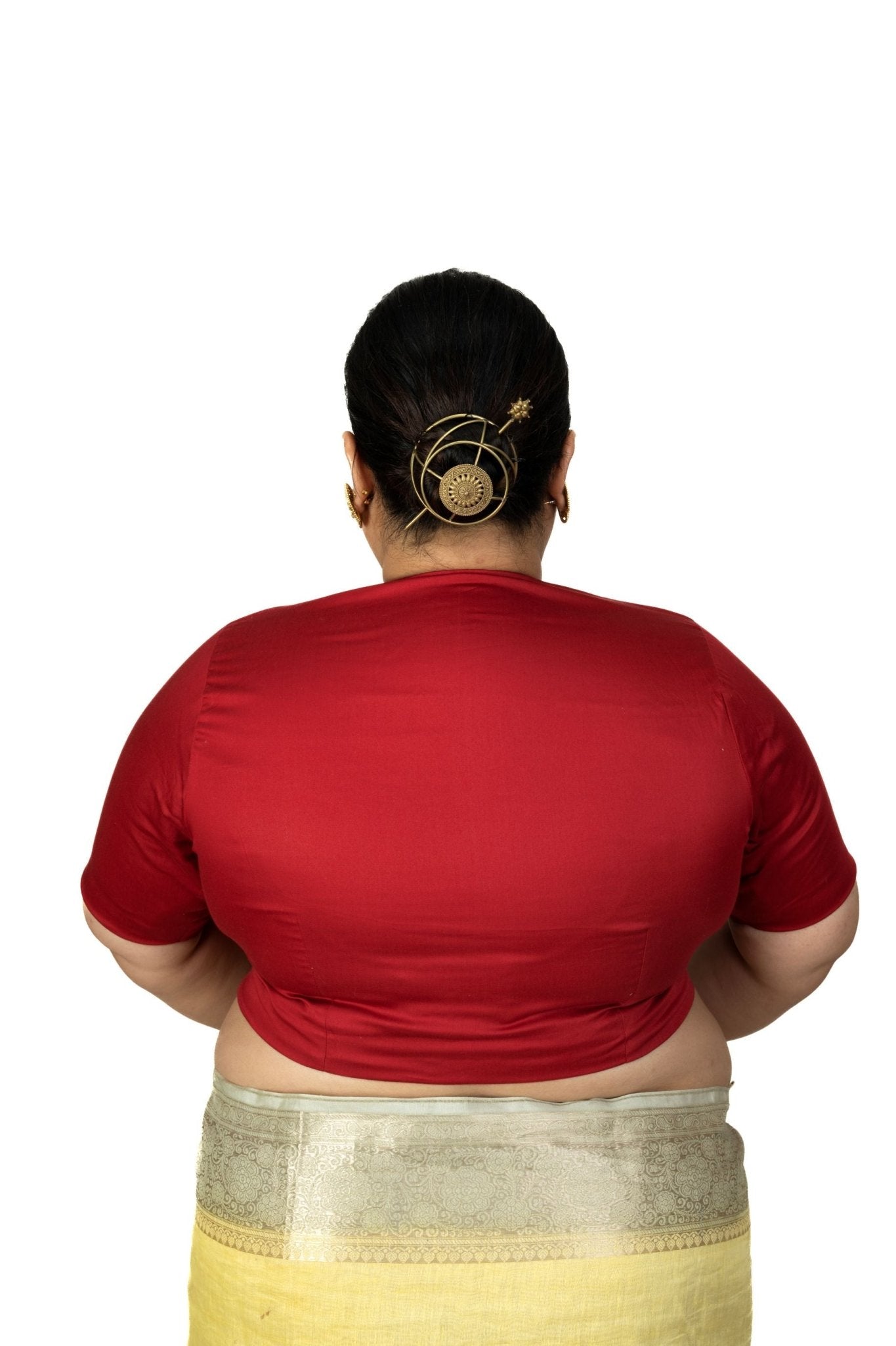 Maroon Diamond Neck Plus Size Saree Blouse with Elbow Sleeves - image 4