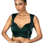 Dark Green Queen Anne Sleeveless Blouse in Silk Organza - Anvi Couture