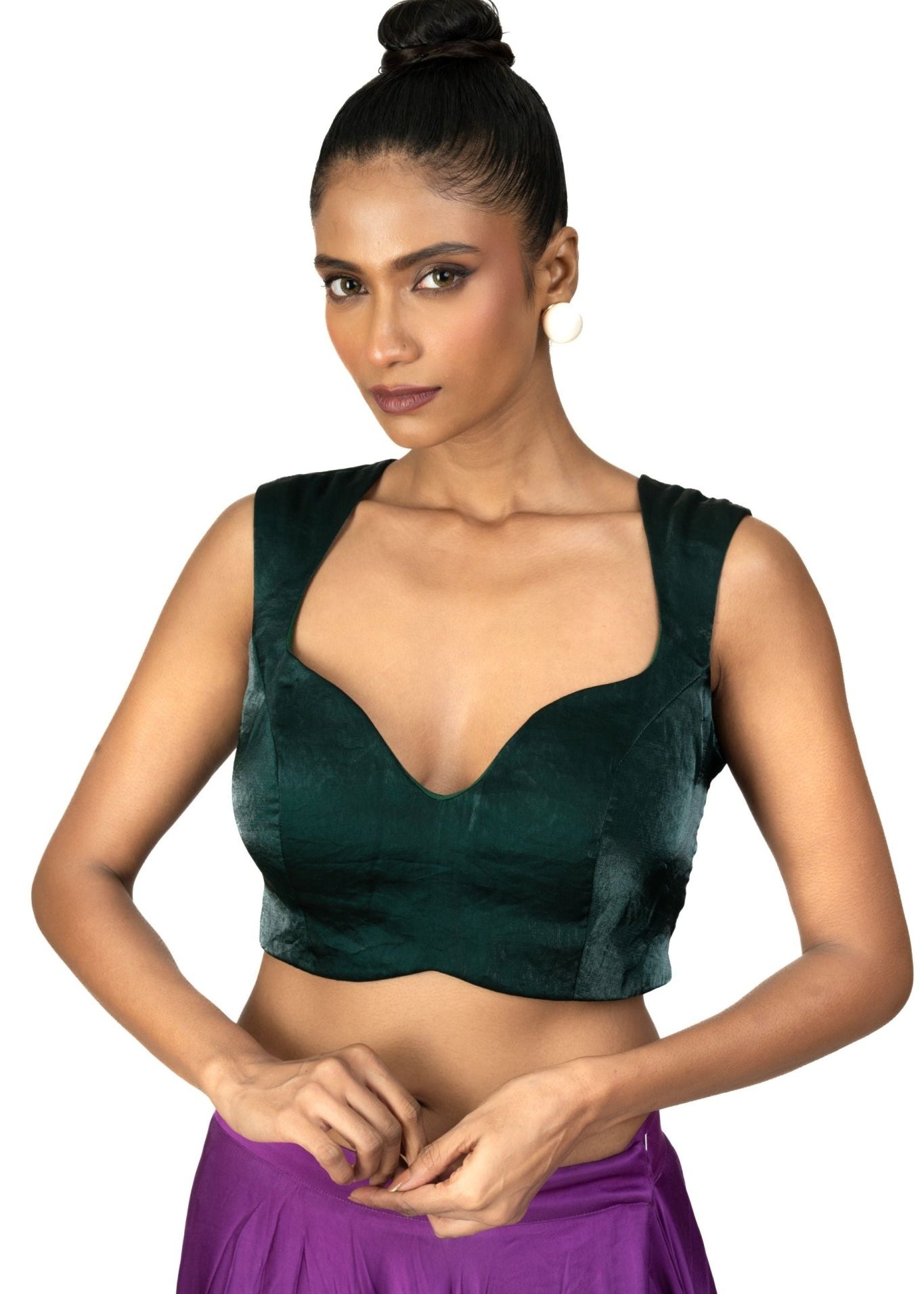 Dark Green Queen Anne Sleeveless Blouse in Silk Organza - Anvi Couture