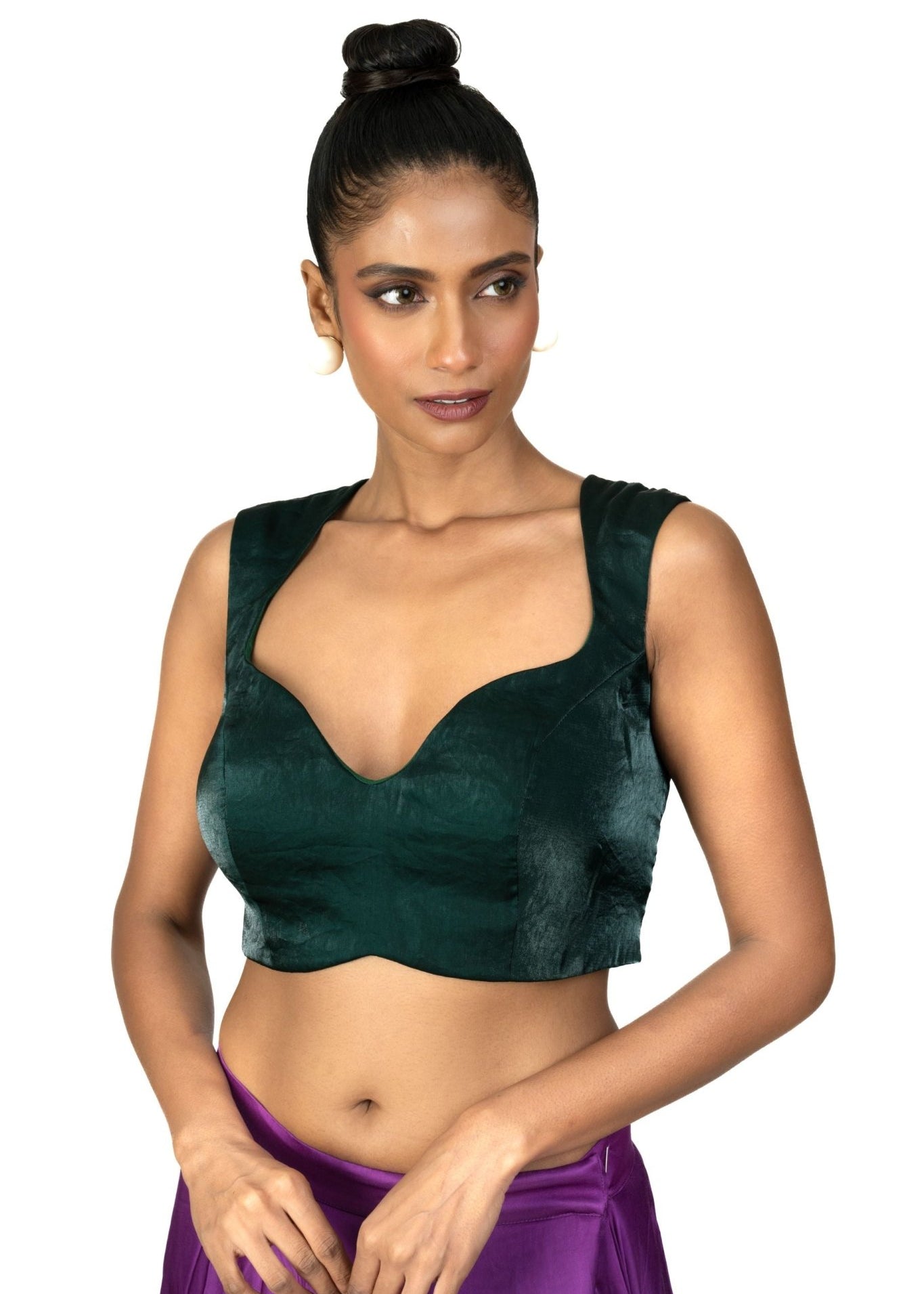 Dark Green Queen Anne Sleeveless Blouse in Silk Organza - Anvi Couture