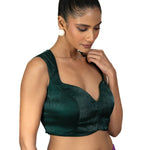 Dark Green Queen Anne Sleeveless Blouse in Silk Organza - Anvi Couture