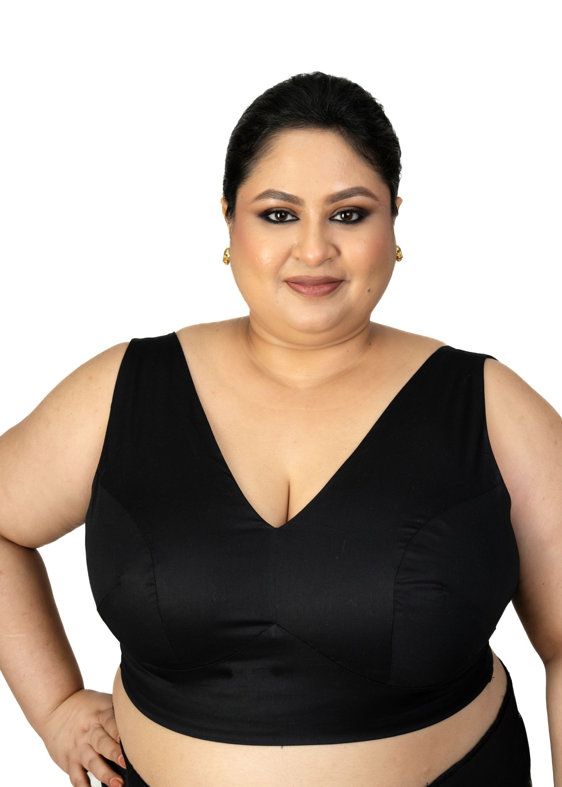 Black V Neck Plus Size Sleeveless Saree Blouse - image 1