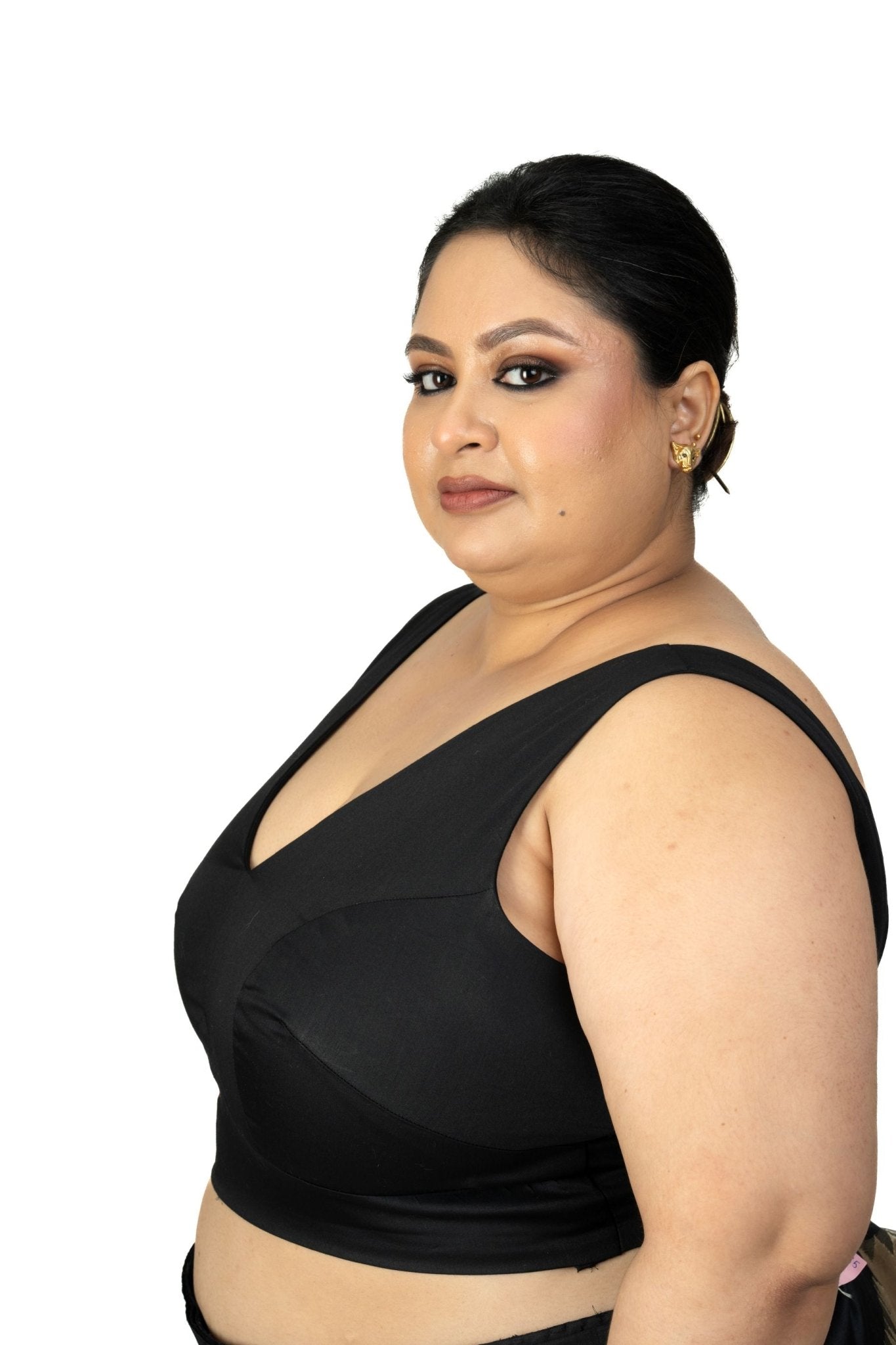 Black V Neck Plus Size Sleeveless Saree Blouse - Anvi Couture