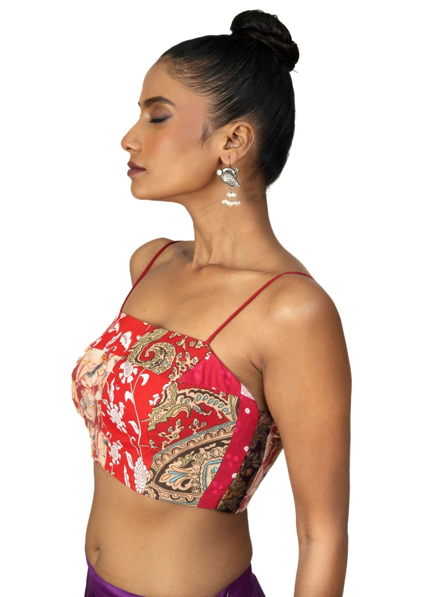 Red Multicolor Cotton Printed Spaghetti Blouse - Anvi Couture