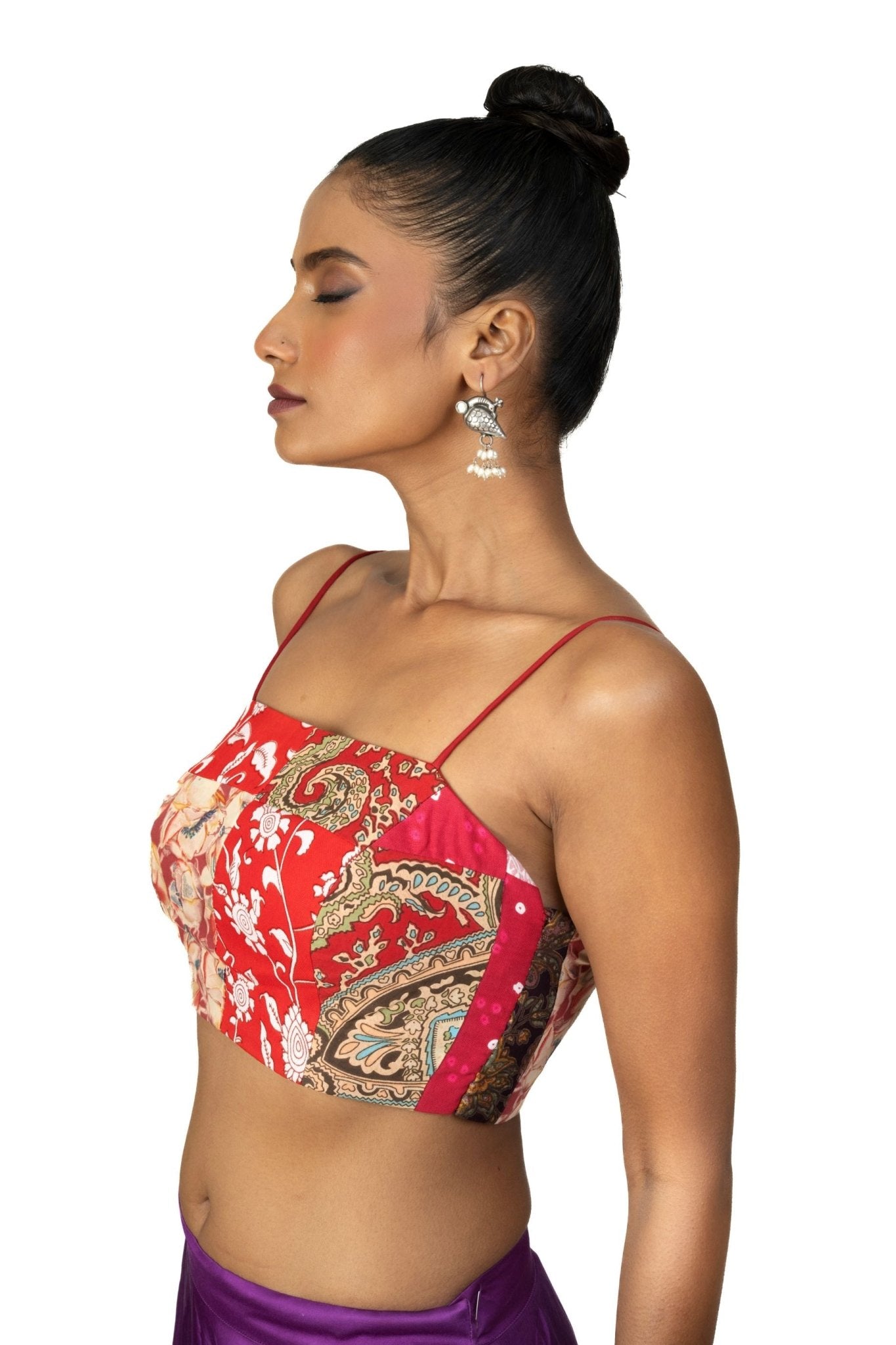 Red Multicolor Cotton Printed Spaghetti Blouse - Anvi Couture