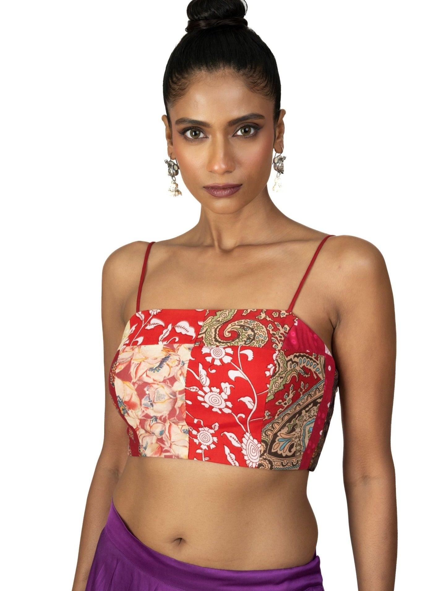 Red Multicolor Cotton Printed Spaghetti Blouse - Anvi Couture