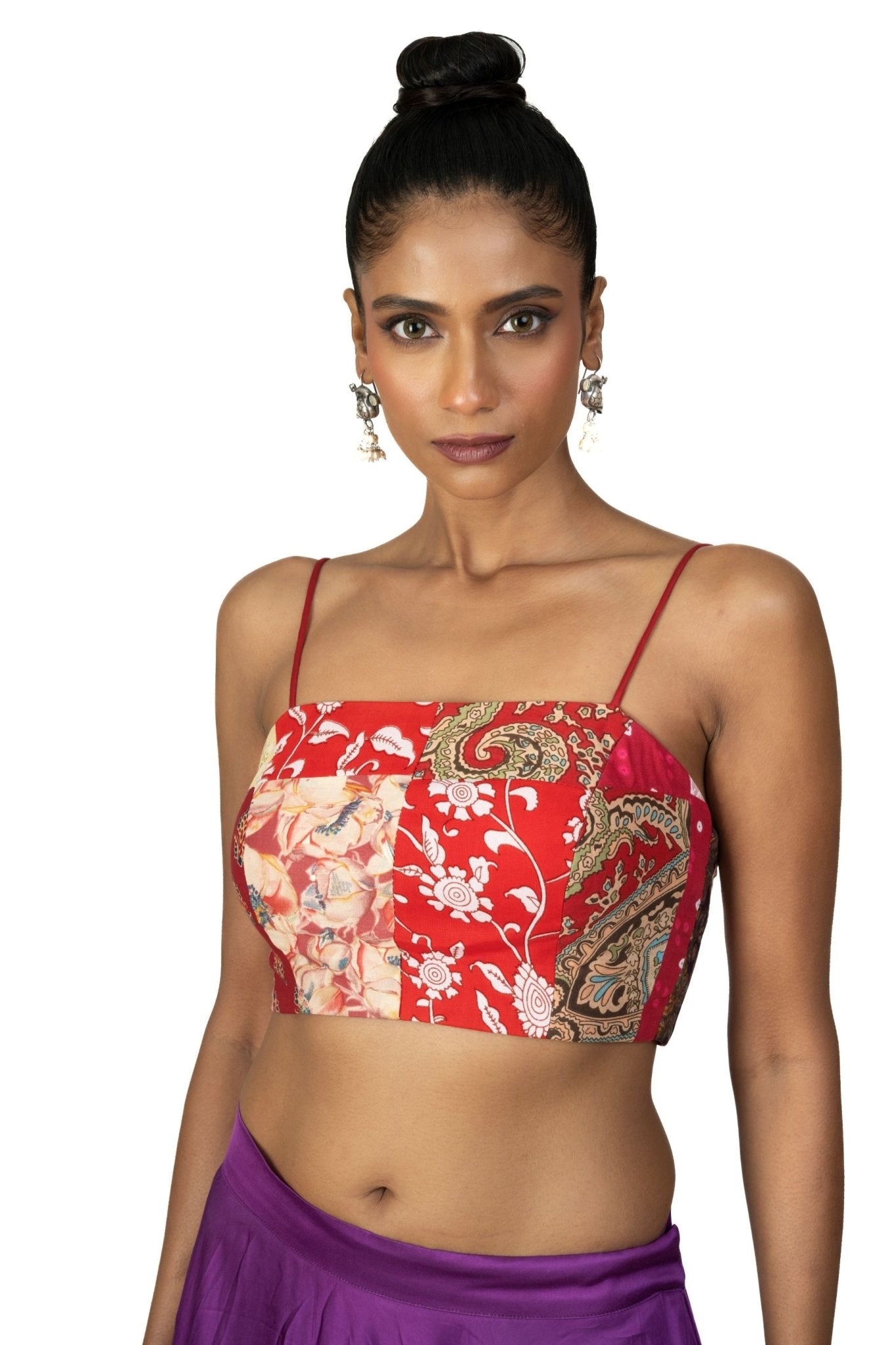 Red Multicolor Cotton Printed Spaghetti Blouse - Anvi Couture