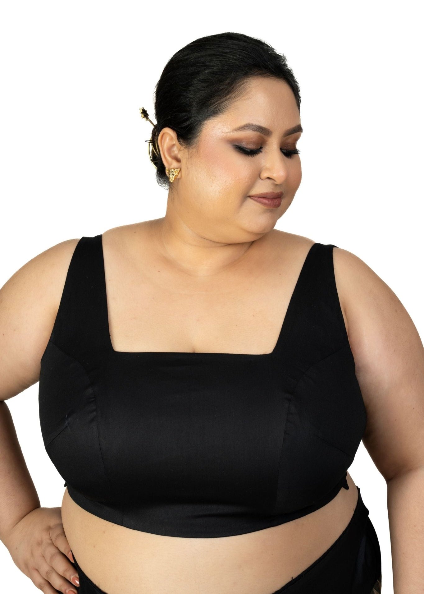 Black Square Neck Plus Size Sleeveless Saree Blouse - Anvi Couture
