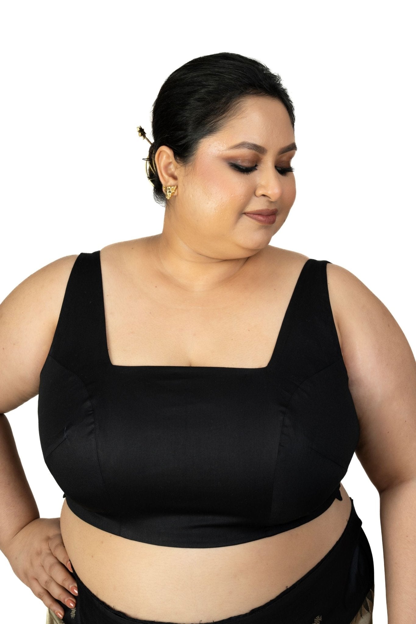 Black Square Neck Plus Size Sleeveless Saree Blouse - Anvi Couture