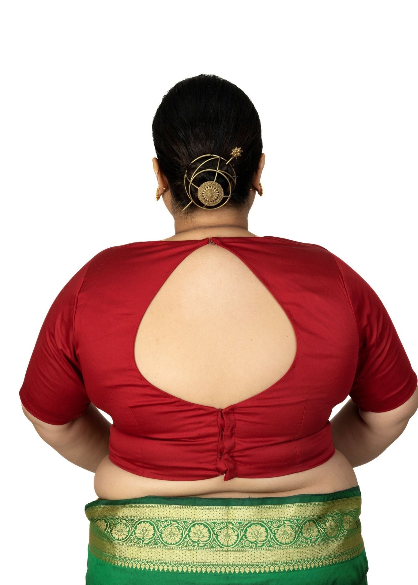 Maroon Plus Size Queen Anne Saree Blouse with Elbow Sleeves - Anvi Couture