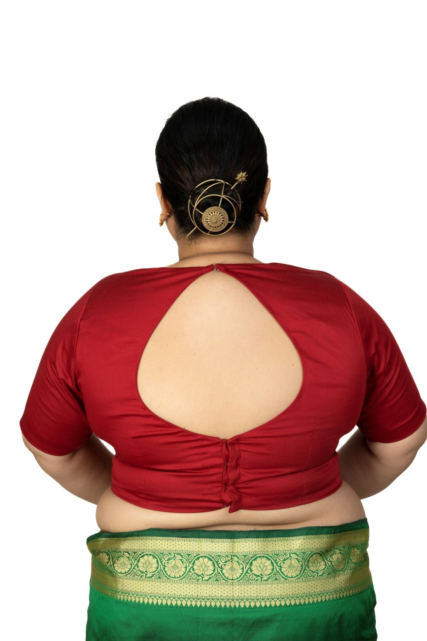 Maroon Plus Size Queen Anne Saree Blouse with Elbow Sleeves - Anvi Couture