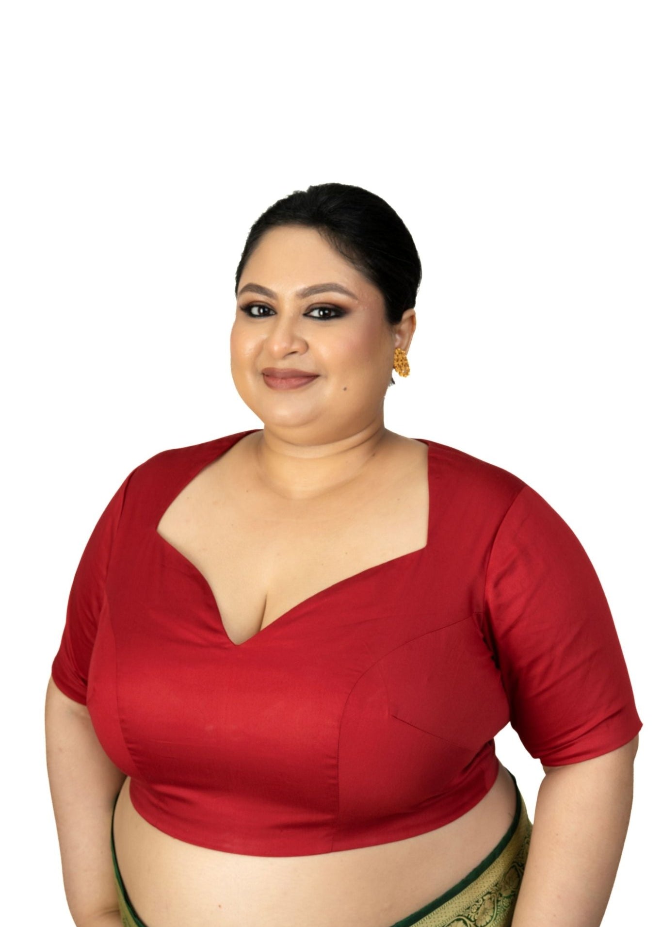 Maroon Plus Size Queen Anne Saree Blouse with Elbow Sleeves - Anvi Couture