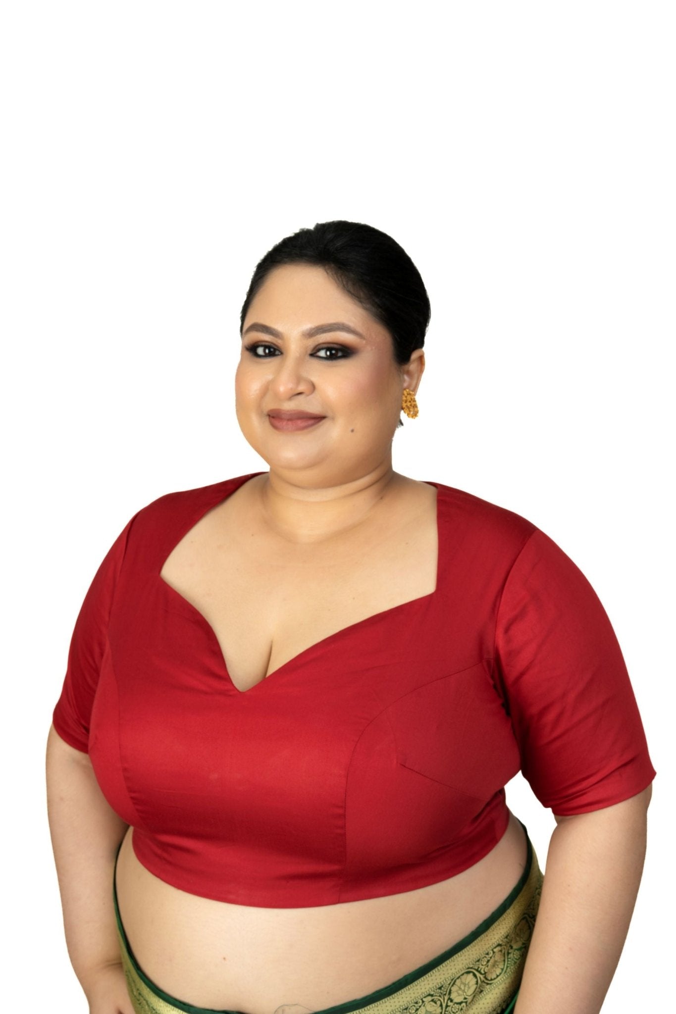 Maroon Plus Size Queen Anne Saree Blouse with Elbow Sleeves - Anvi Couture