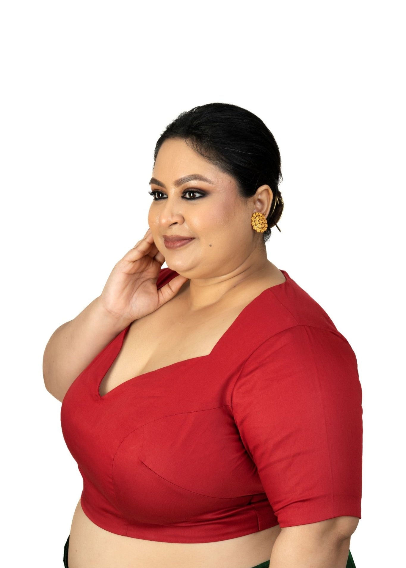Maroon Plus Size Queen Anne Saree Blouse with Elbow Sleeves - Anvi Couture