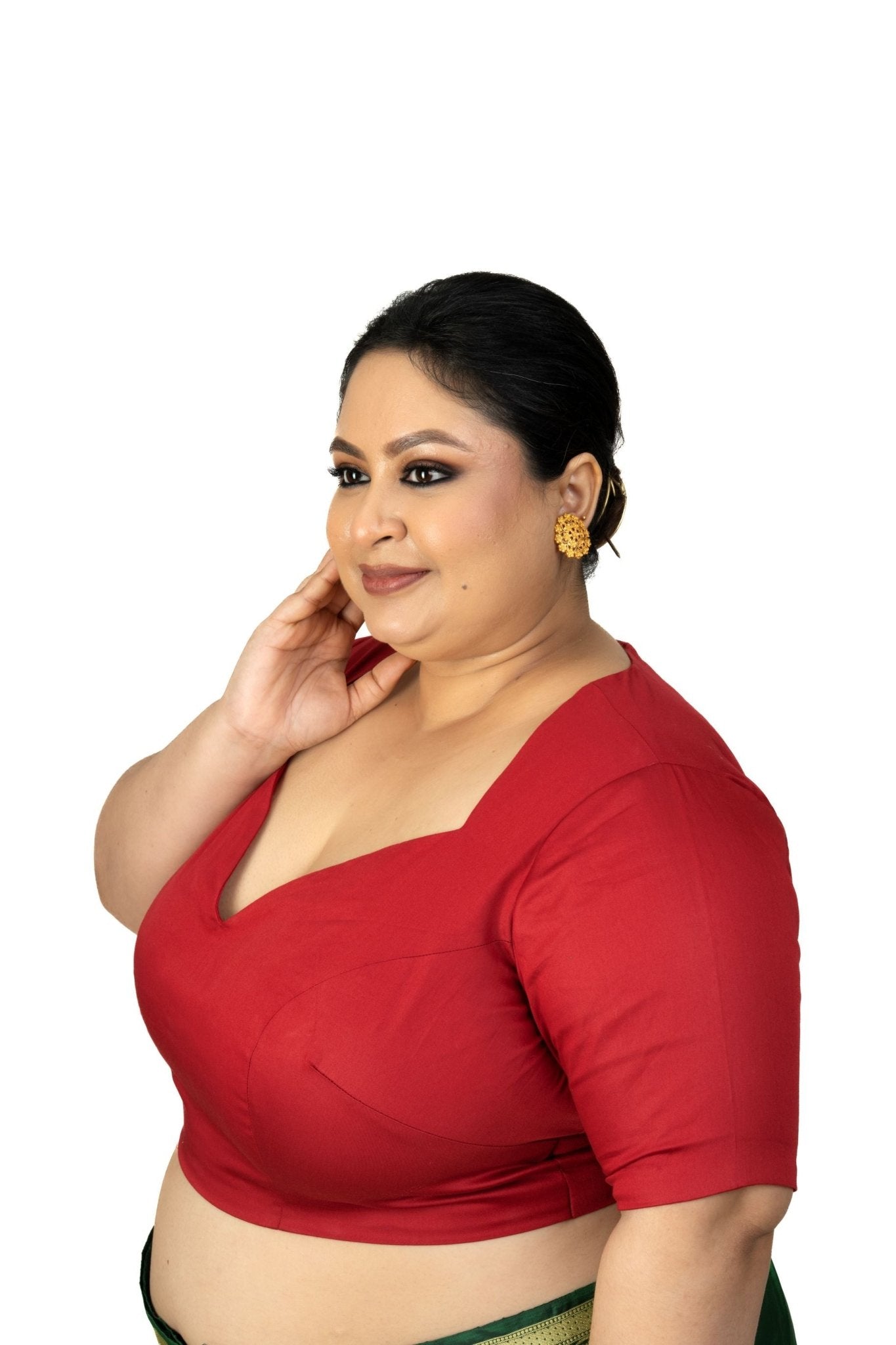 Maroon Plus Size Queen Anne Saree Blouse with Elbow Sleeves - Anvi Couture