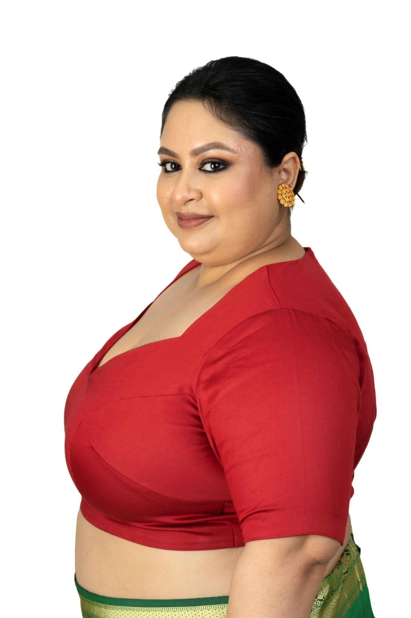 Maroon Plus Size Queen Anne Saree Blouse with Elbow Sleeves - Anvi Couture