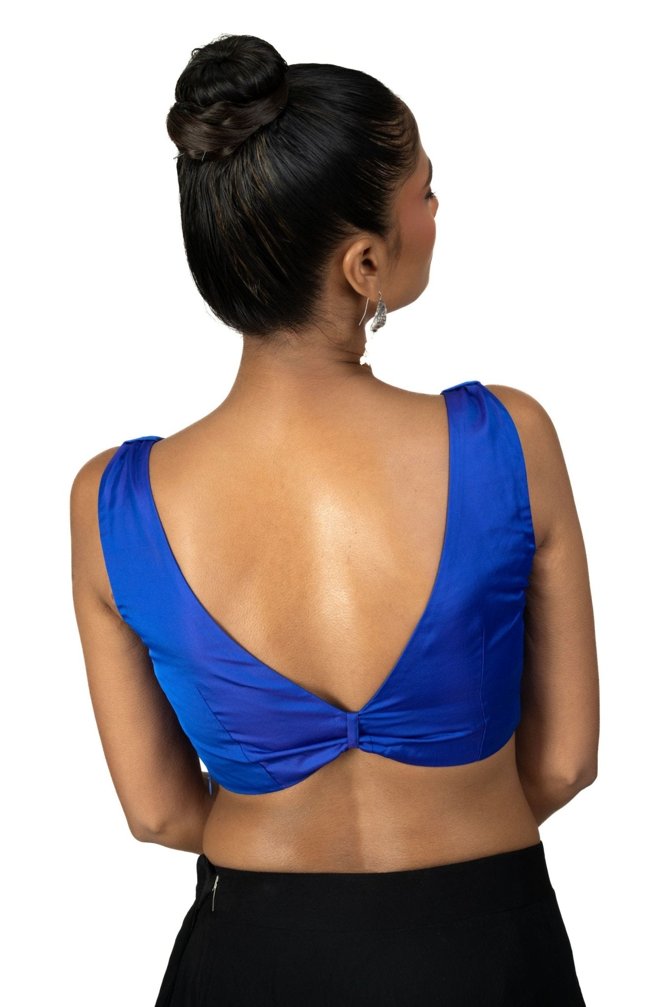 Blue Deep V neckline Sleeveless Saree Blouse - Anvi Couture