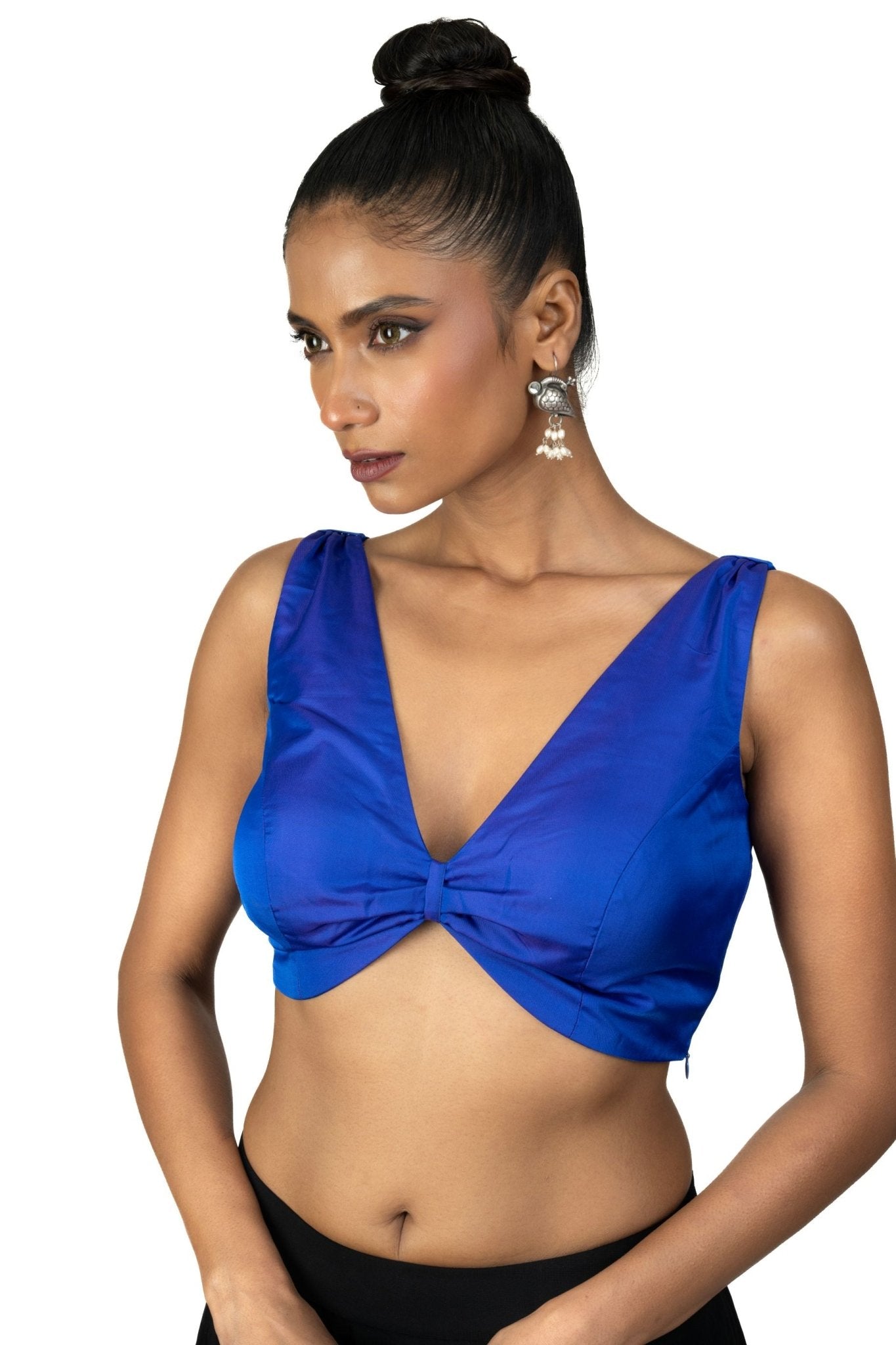 Blue Deep V neckline Sleeveless Saree Blouse - Anvi Couture