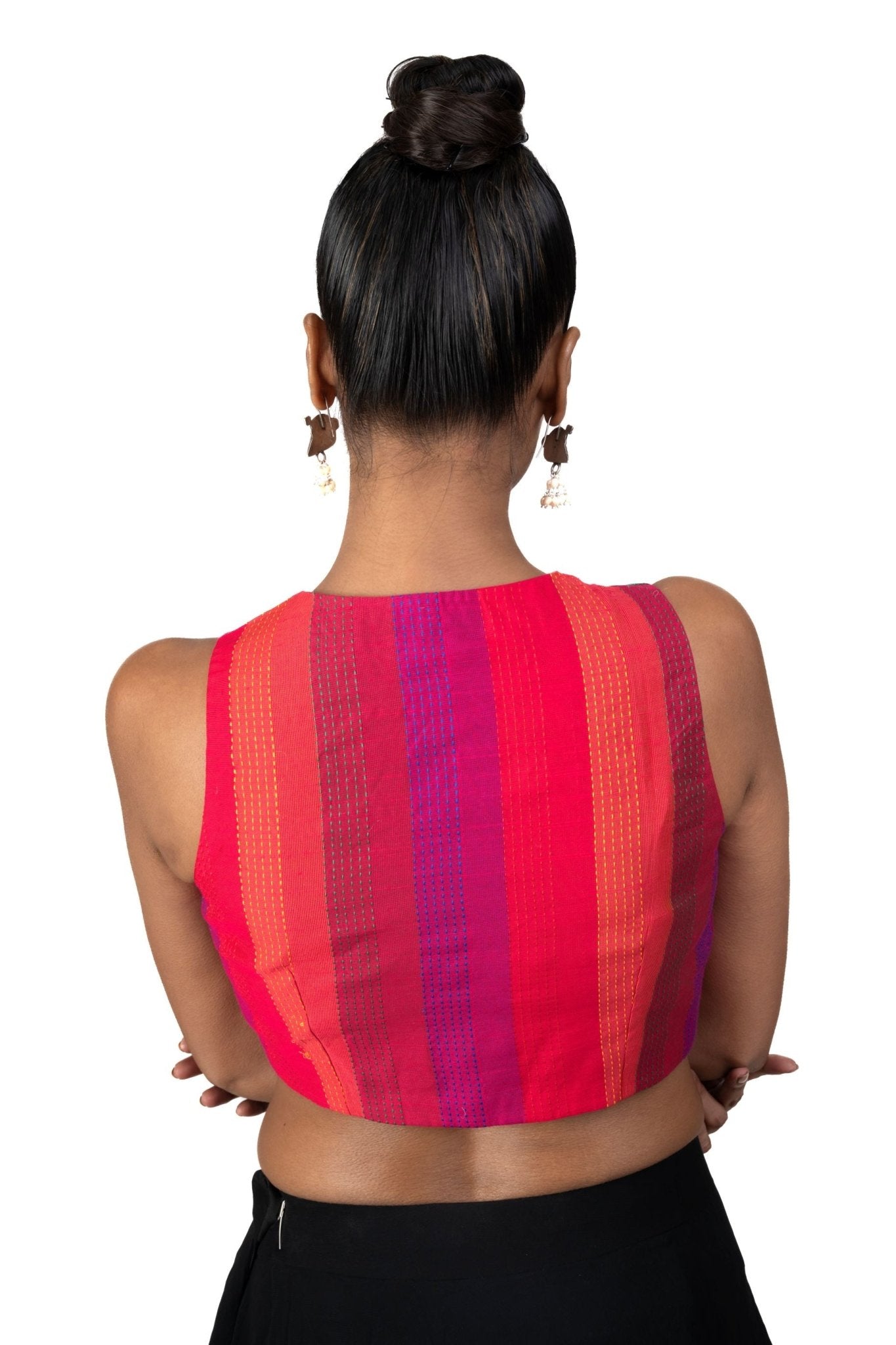 Green Multicolor Raw Silk Blouse With Close Neckline - Anvi Couture