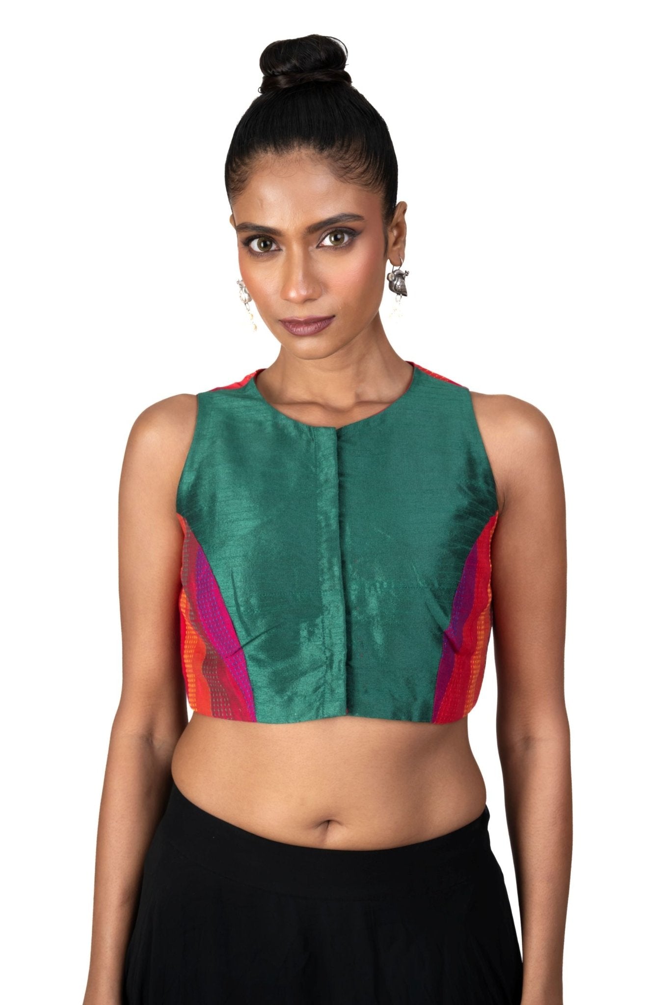 Green Multicolor Raw Silk Blouse With Close Neckline - Anvi Couture