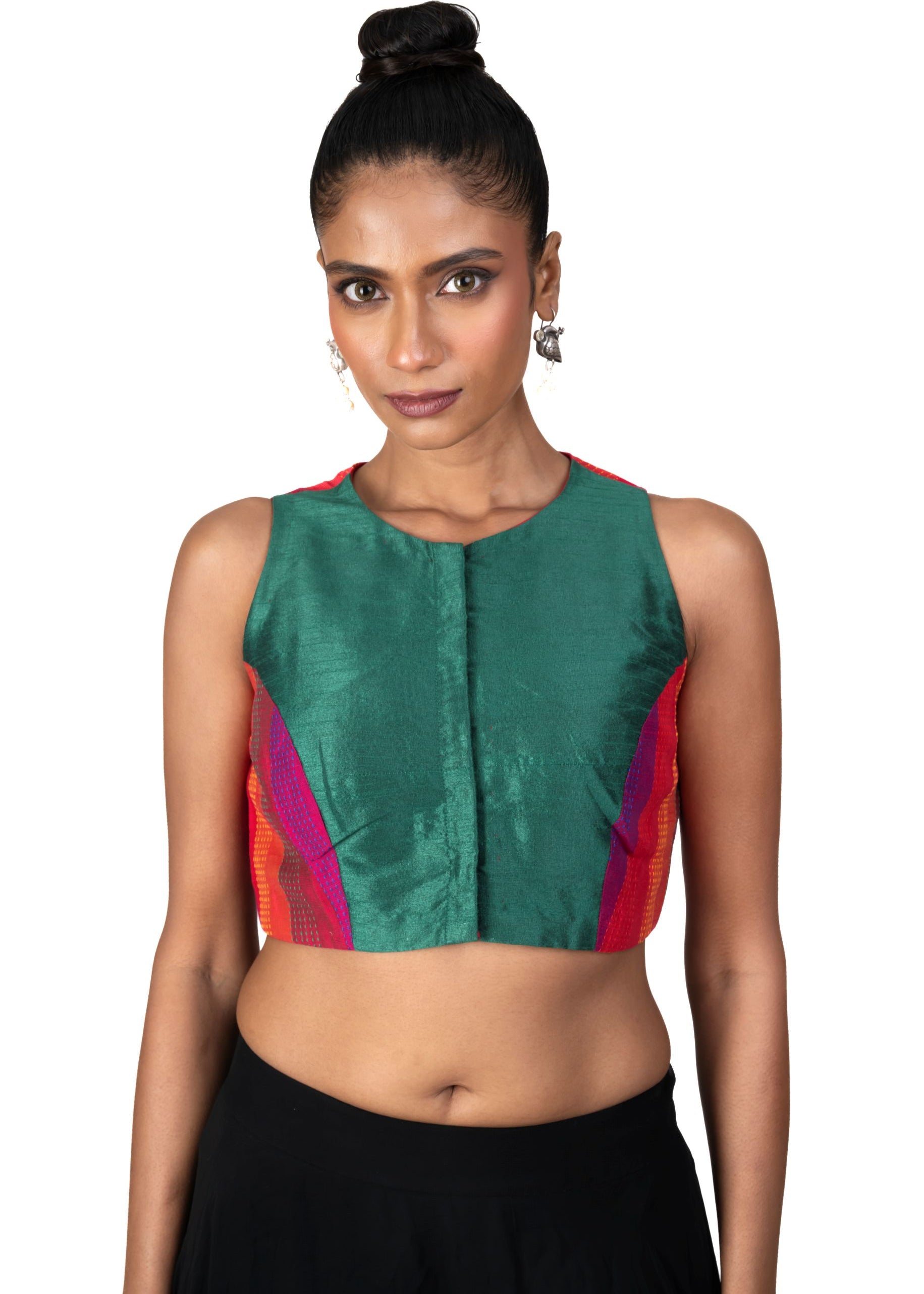 Green Multicolor Raw Silk Blouse With Close Neckline - image 1