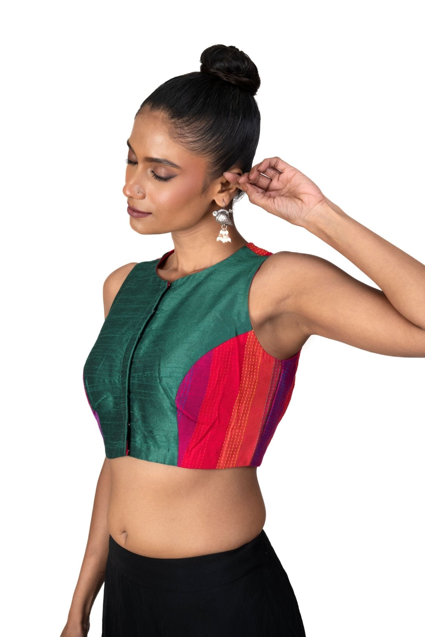 Green Multicolor Raw Silk Blouse With Close Neckline - Anvi Couture