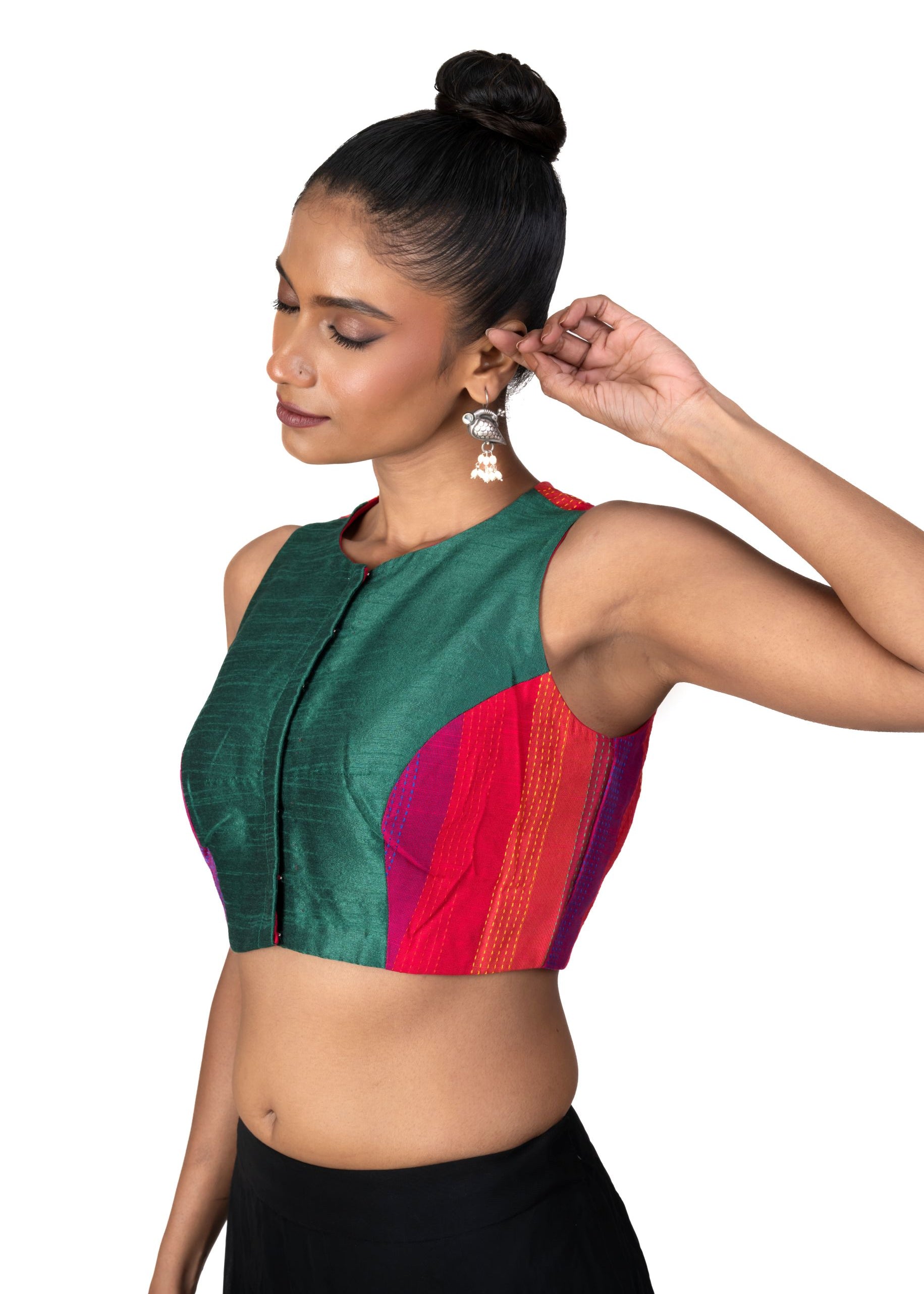 Green Multicolor Raw Silk Blouse With Close Neckline - image 2