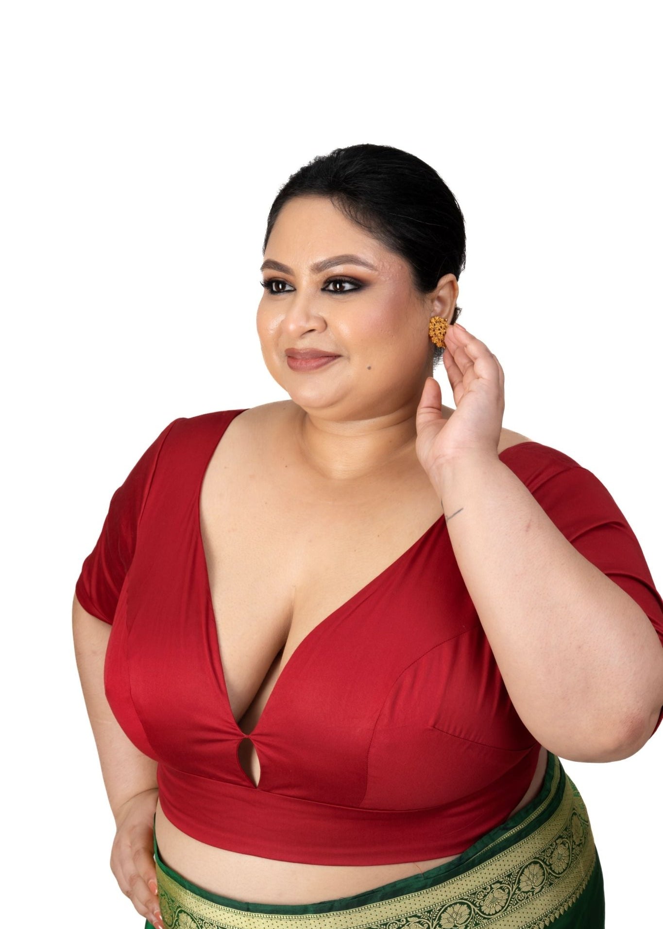 Dark Red Plus Size Sweet Heart Neckline Elbow Sleeve Blouse - Anvi Couture