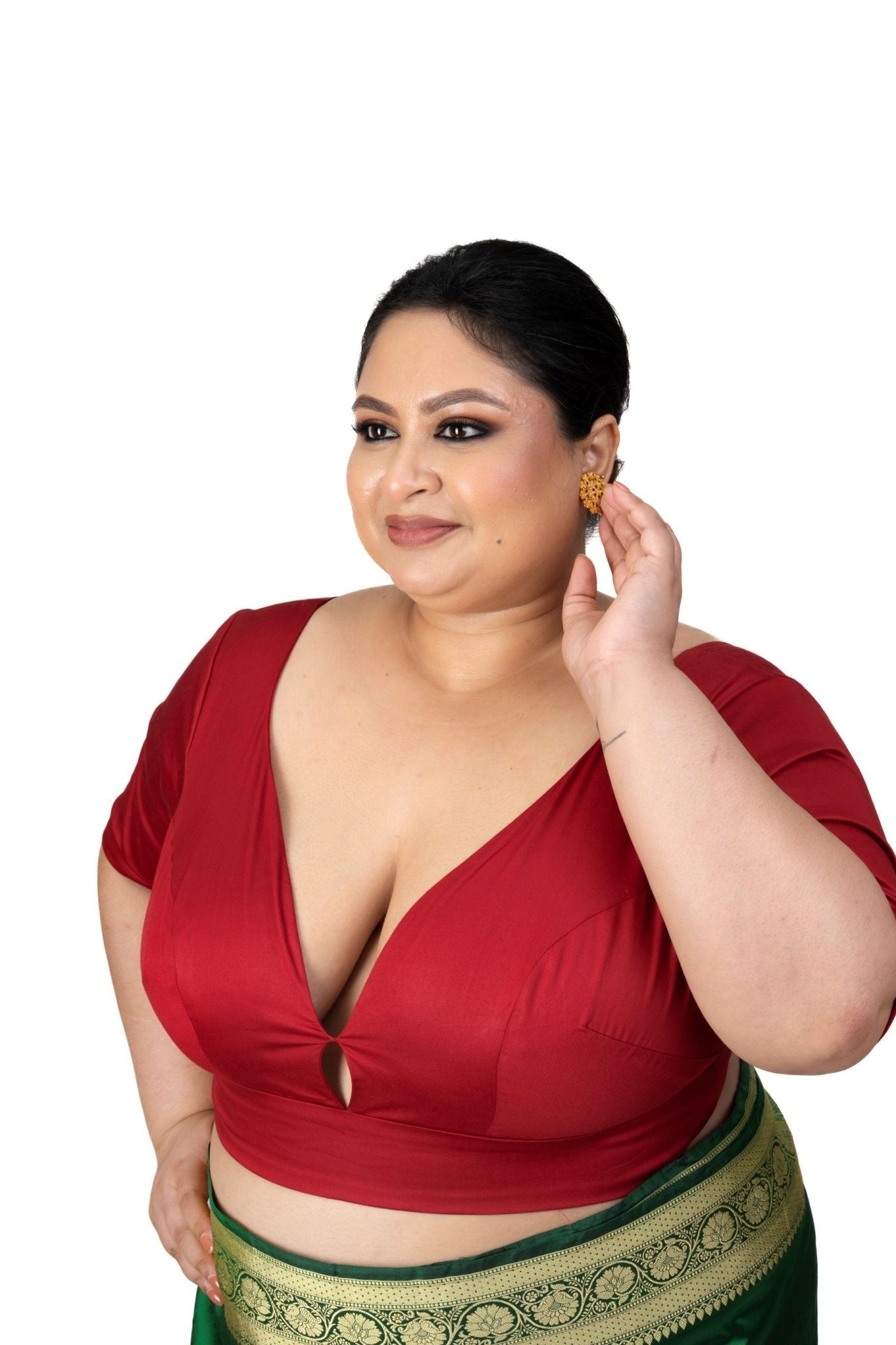 Dark Red Plus Size Sweet Heart Neckline Elbow Sleeve Blouse - Anvi Couture
