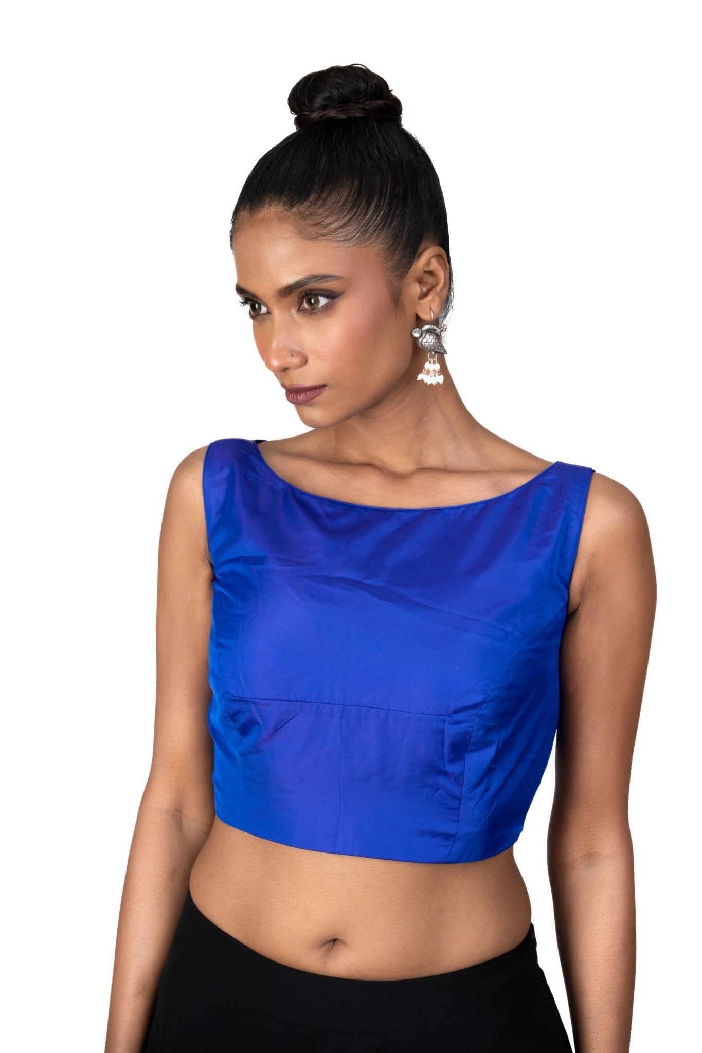 Blue Boat Neck Sleeveless Saree Blouse with Side Closure - Anvi Couture