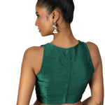 Dark Green Raw Silk Sleeveless Saree Blouse with Close Neckline - image 4