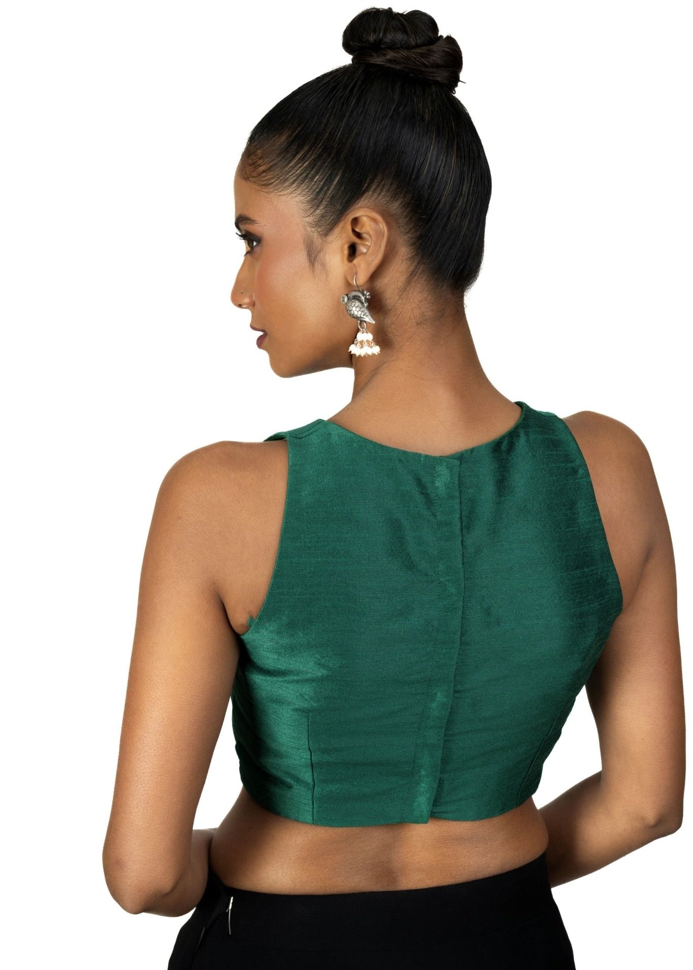 Dark Green Raw Silk Sleeveless Saree Blouse with Close Neckline - Anvi Couture