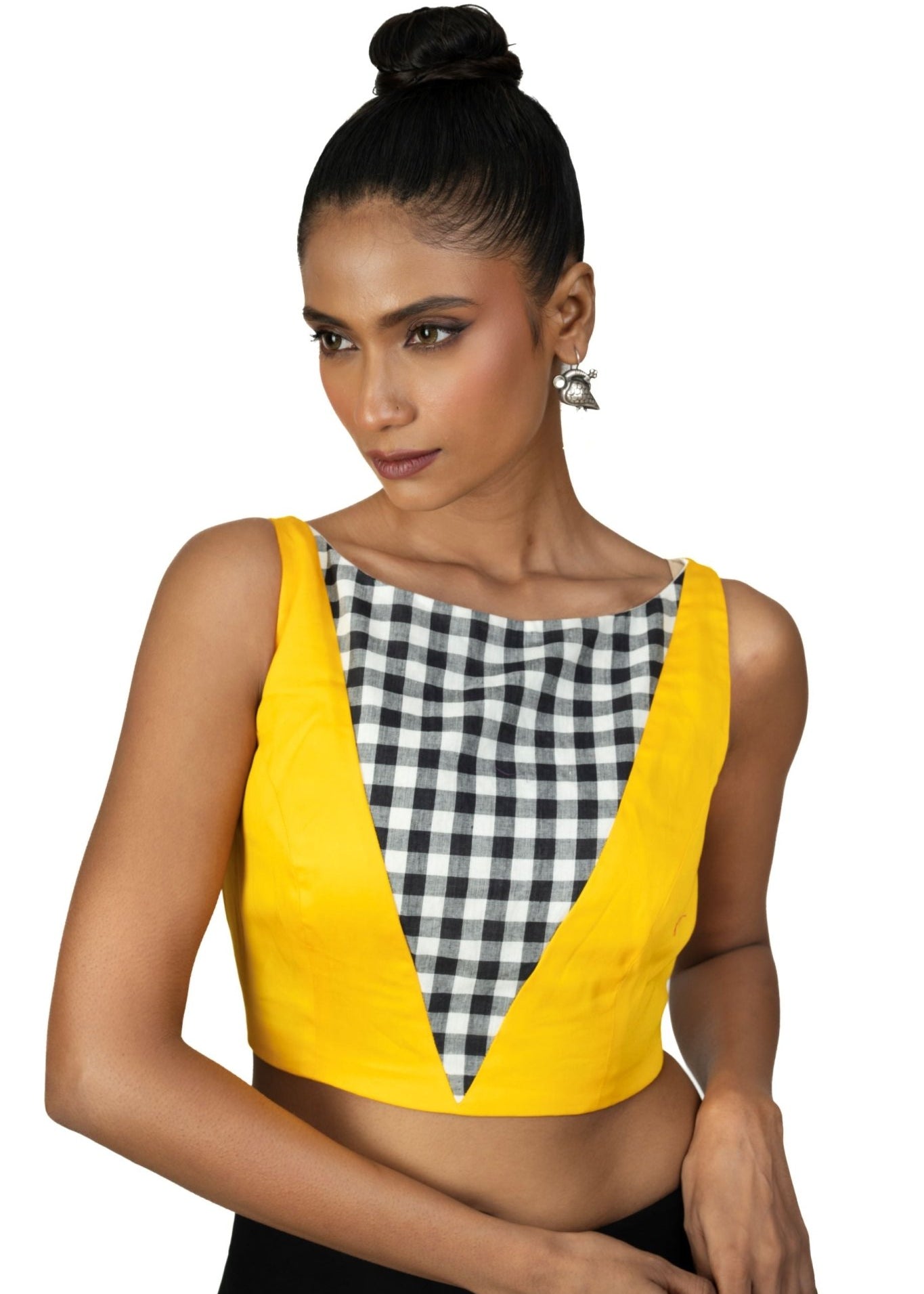 Yellow and Black Check Sleeveless Saree Blouse with Boat Neckline - Anvi Couture