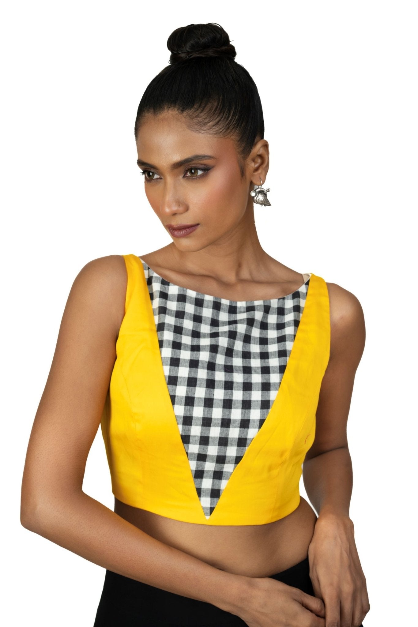 Yellow and Black Check Sleeveless Saree Blouse with Boat Neckline - Anvi Couture