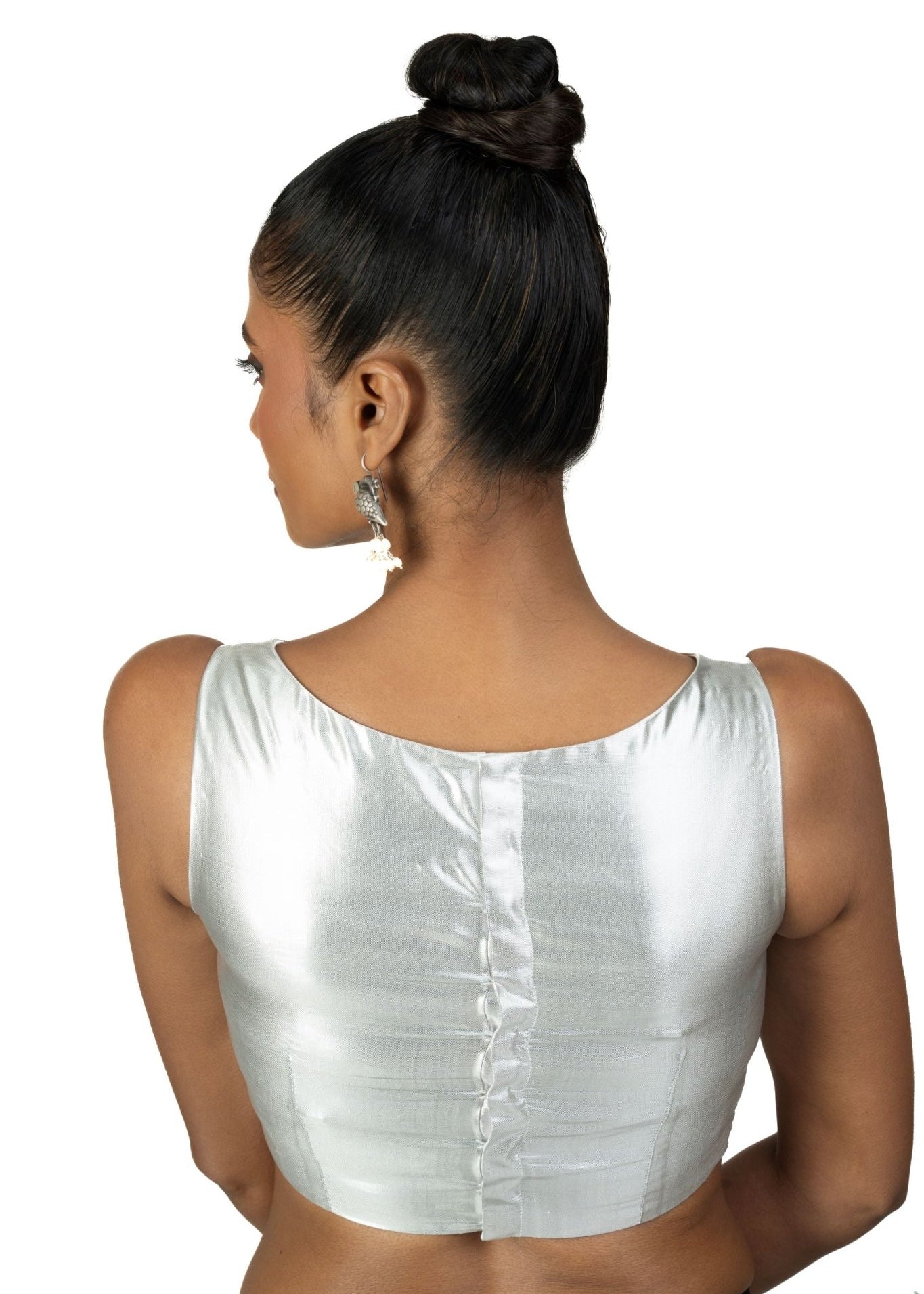 Silver Sleeveless Saree Blouse with Boat Neckline - Anvi Couture