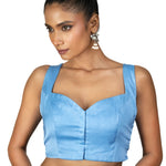 Steel Blue Sleeveless Saree Blouse With Queen Anne Neckline - Anvi Couture