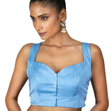 Steel Blue Sleeveless Saree Blouse With Queen Anne Neckline - Anvi Couture