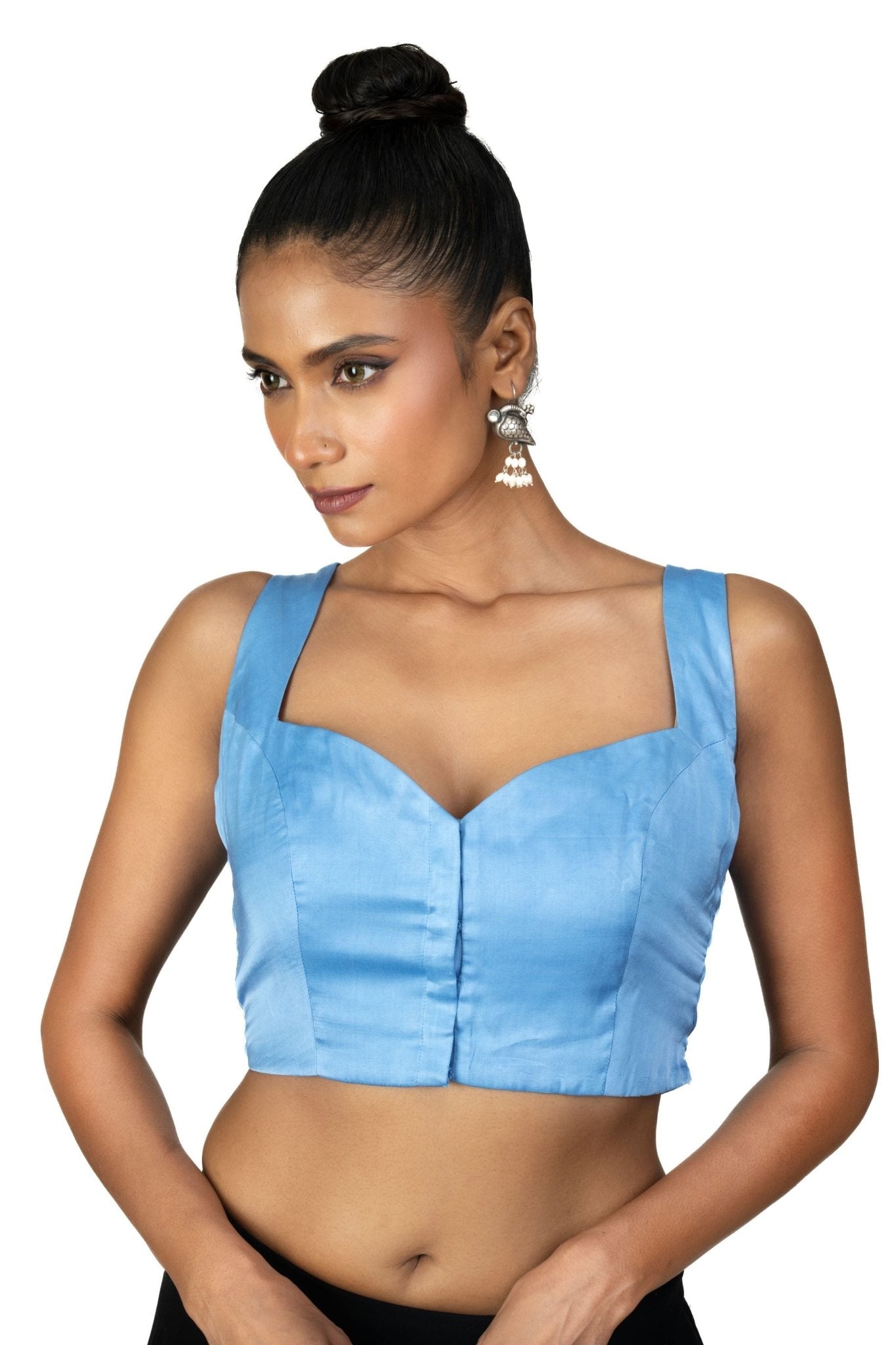 Steel Blue Sleeveless Saree Blouse With Queen Anne Neckline - Anvi Couture