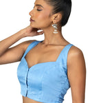 Steel Blue Sleeveless Saree Blouse With Queen Anne Neckline - Anvi Couture