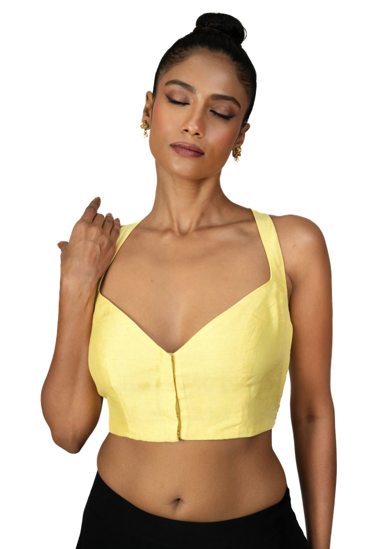 Butter Yellow Sleeveless Saree Blouse With Queen Anne Neckline - Anvi Couture