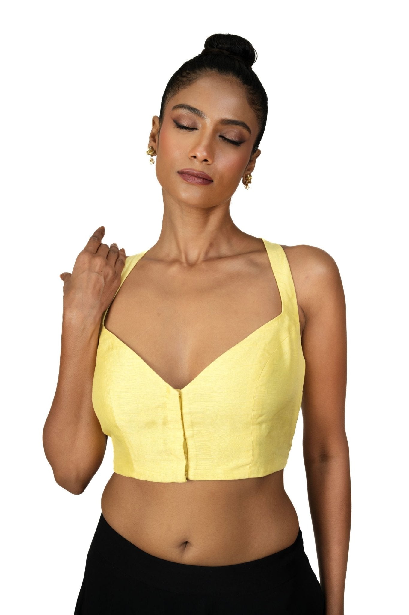 Butter Yellow Sleeveless Saree Blouse With Queen Anne Neckline - Anvi Couture
