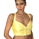 Butter Yellow Sleeveless Saree Blouse With Queen Anne Neckline - Anvi Couture
