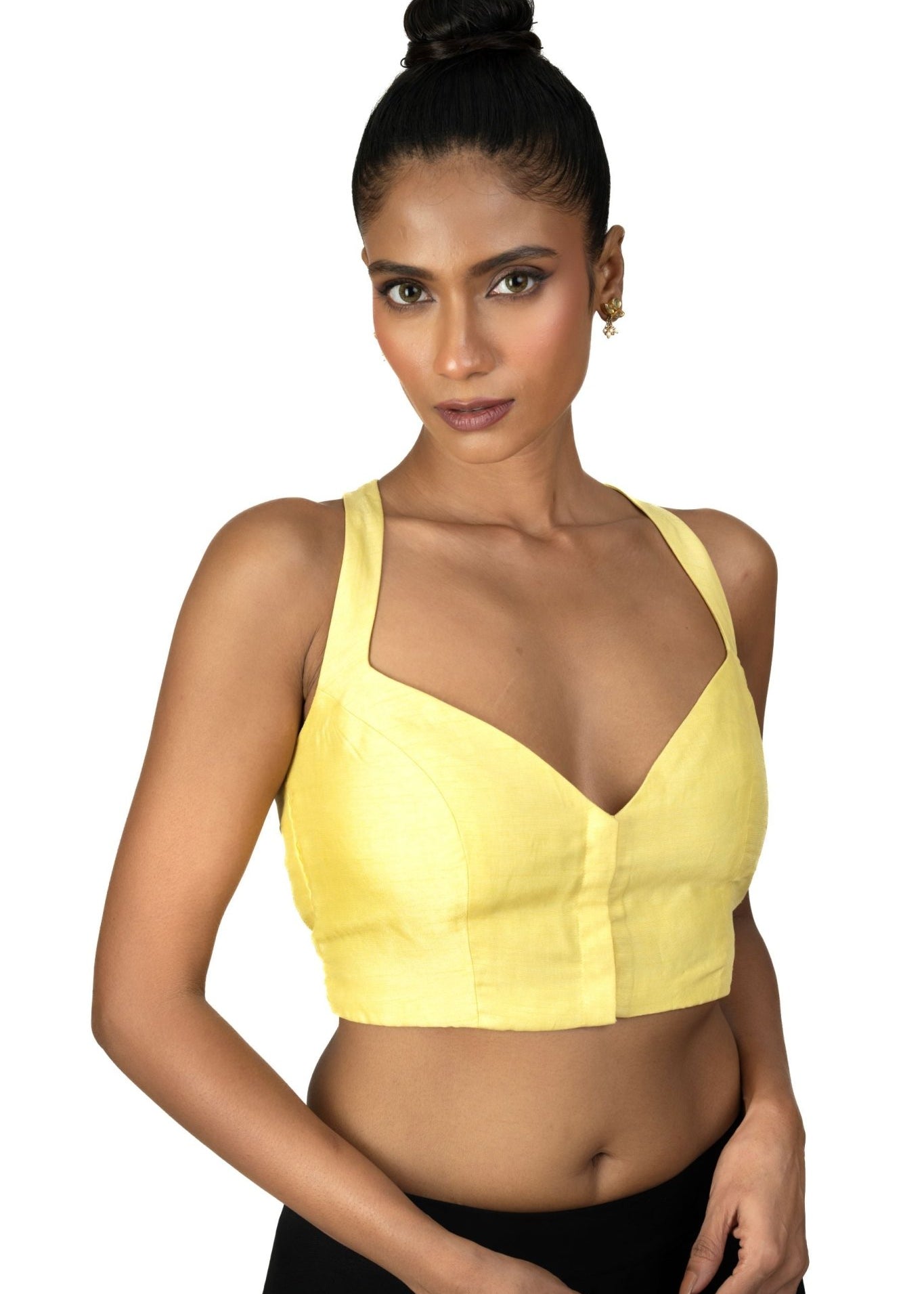 Butter Yellow Sleeveless Saree Blouse With Queen Anne Neckline - Anvi Couture