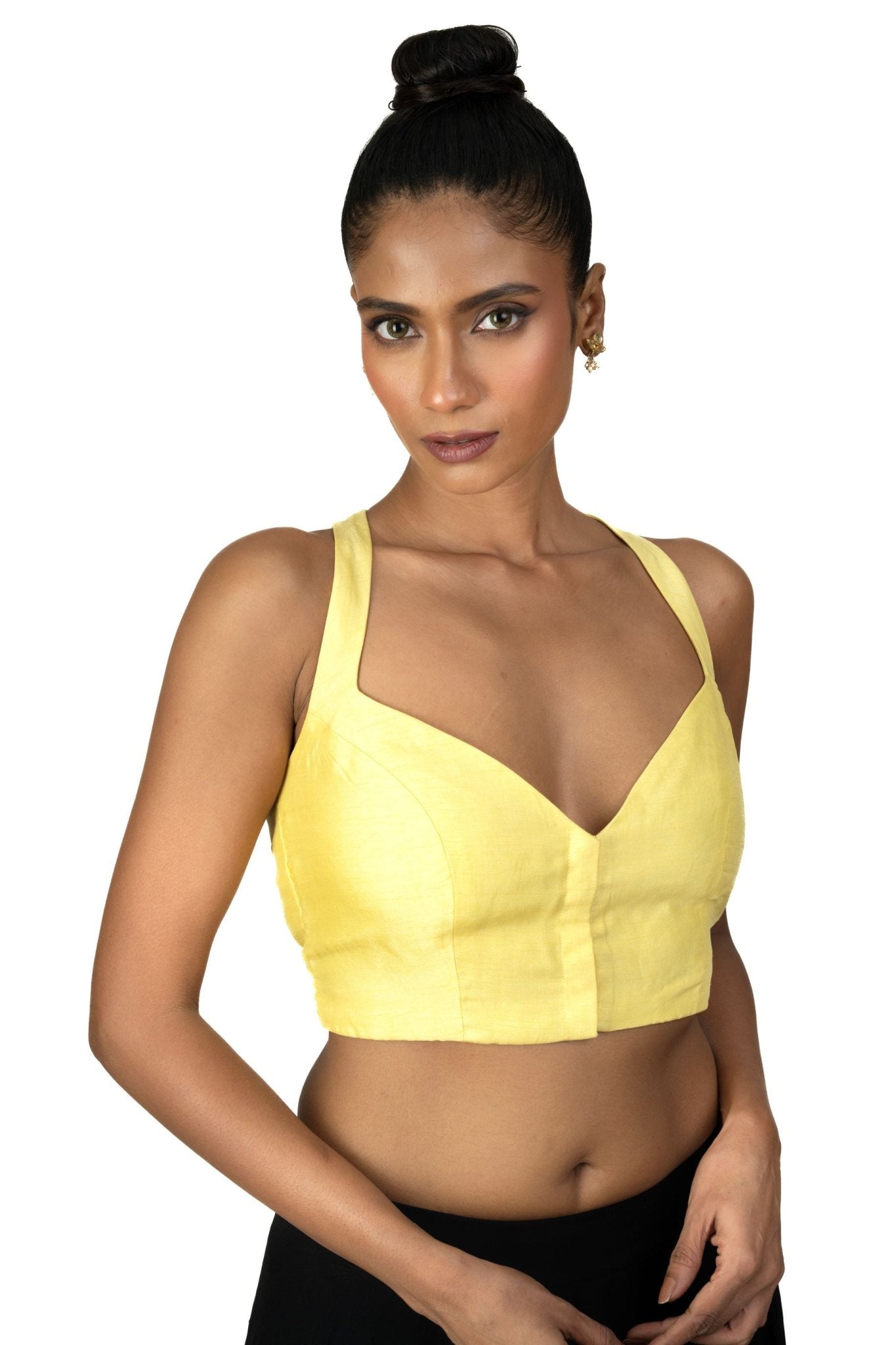 Butter Yellow Sleeveless Saree Blouse With Queen Anne Neckline - Anvi Couture