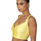 Butter Yellow Sleeveless Saree Blouse With Queen Anne Neckline - Anvi Couture